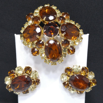 Topaz Rhinestone Brooch & Clip Earrings Set, Gold Plated, 1960s Vintage Jewelry