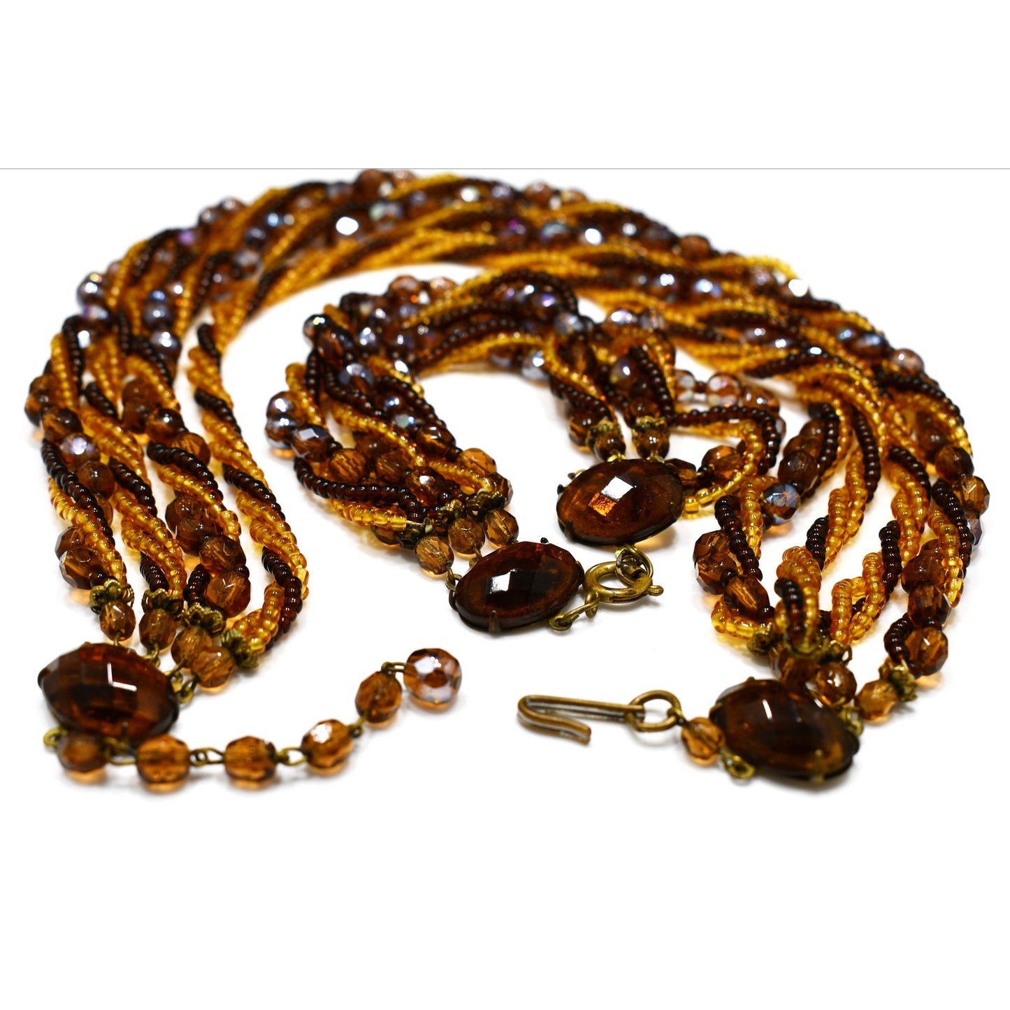 Vintage Czech Beaded Necklace & Bracelet Set, Topaz Fire Polished Beads, 1950s
