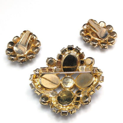 Topaz Rhinestone Brooch & Clip Earrings Set, Gold Plated, 1960s Vintage Jewelry