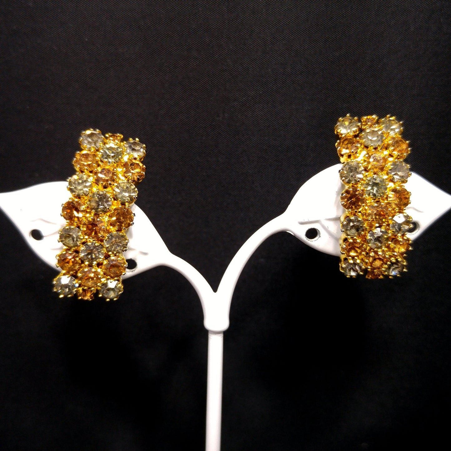 Kramer Vintage Rhinestone Brooch & Clip Earrings Set Topaz Gray Gold Plate 1960s