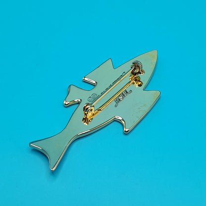 Vintage Laurel Burch "FISH" Brooch, Gold Plated, Black Brown Enamel, 1980s