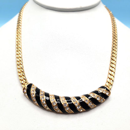 Vintage Swarovski Swan Logo Necklace – Gold Plated Black Enamel Crystal 1980s