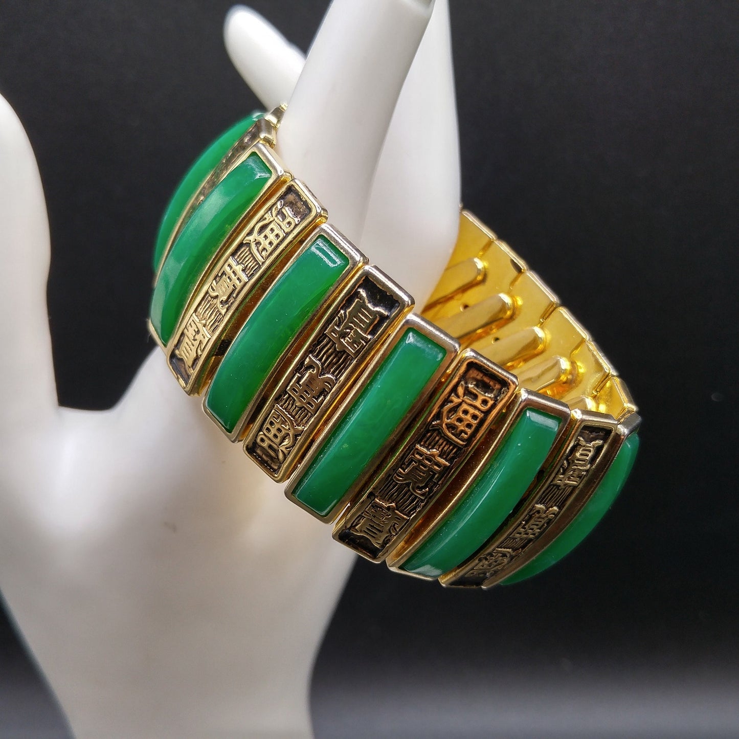 Asian Expansion Wide Bracelet, Green Lucite, Asian Writing, 1960s Vintage Jewelry