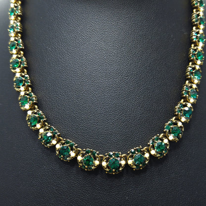 Hollycraft Emerald Green Rhinestones Necklace, Faux Pearls, Gold Plated, 1950s