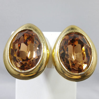 Ciner Large Topaz Rhinestone Earrings, Gold Plated, 1980s Vintage Jewelry