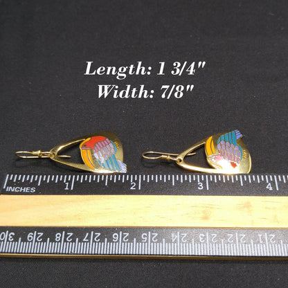 Laurel Burch Toucan Bird Earrings, Gold Plated Cloisonne Enamel, 1980s Vintage Jewelry