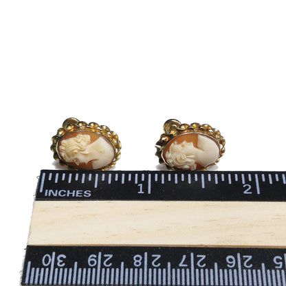 CM Carved Cameo Shell Earrings, Gold Filled, 1940s Vintage Jewelry