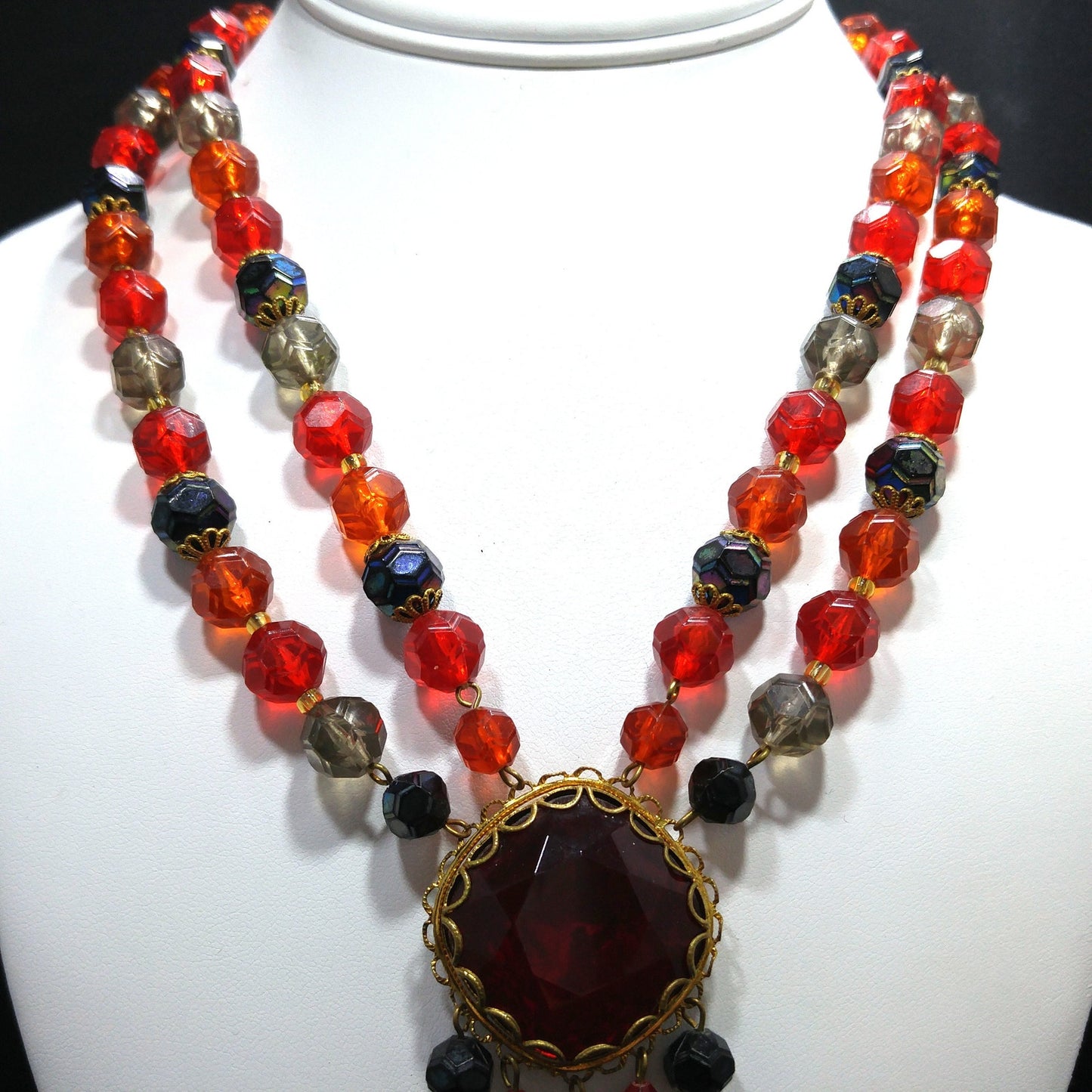 Western Germany Red Glass Pendant Necklace, Lucite Beads, 1950s Vintage Jewelry