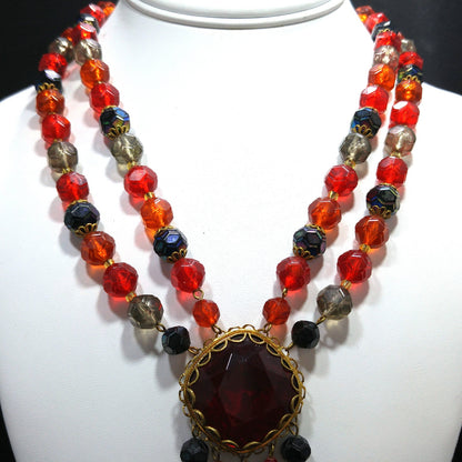 Western Germany Red Glass Pendant Necklace, Lucite Beads, 1950s Vintage Jewelry
