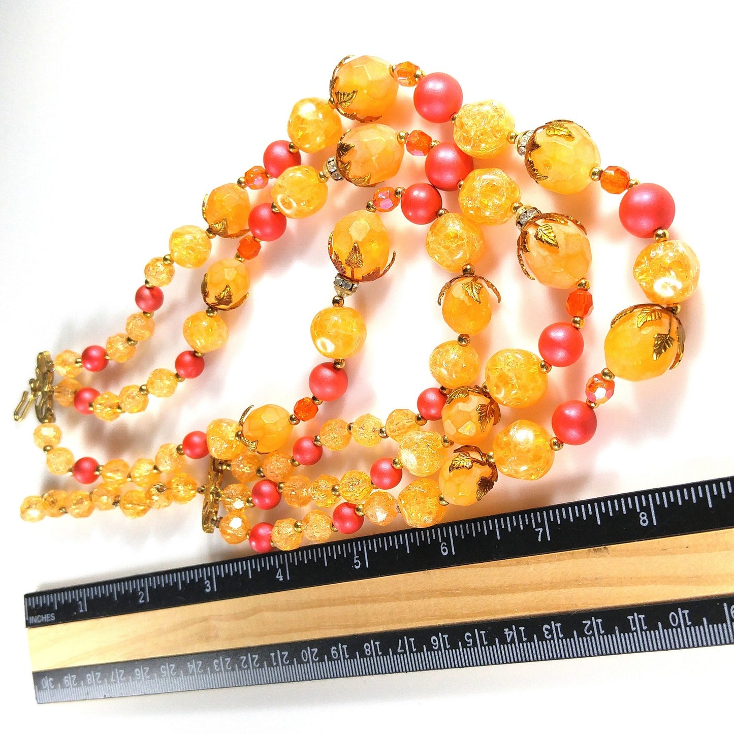 Deauville Lucite Beaded Necklace, 1950s Orange Red 3 Strand Vintage