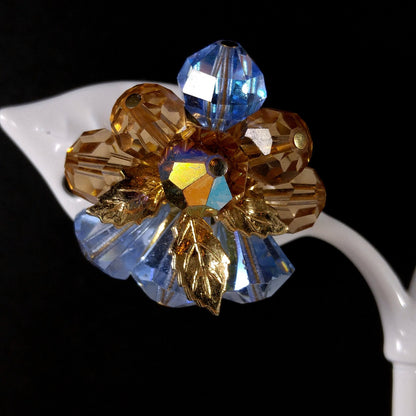 Vendome Blue & Gold Crystal Beaded Clip Earrings, Gold Plated, 1960s Vintage Jewelry