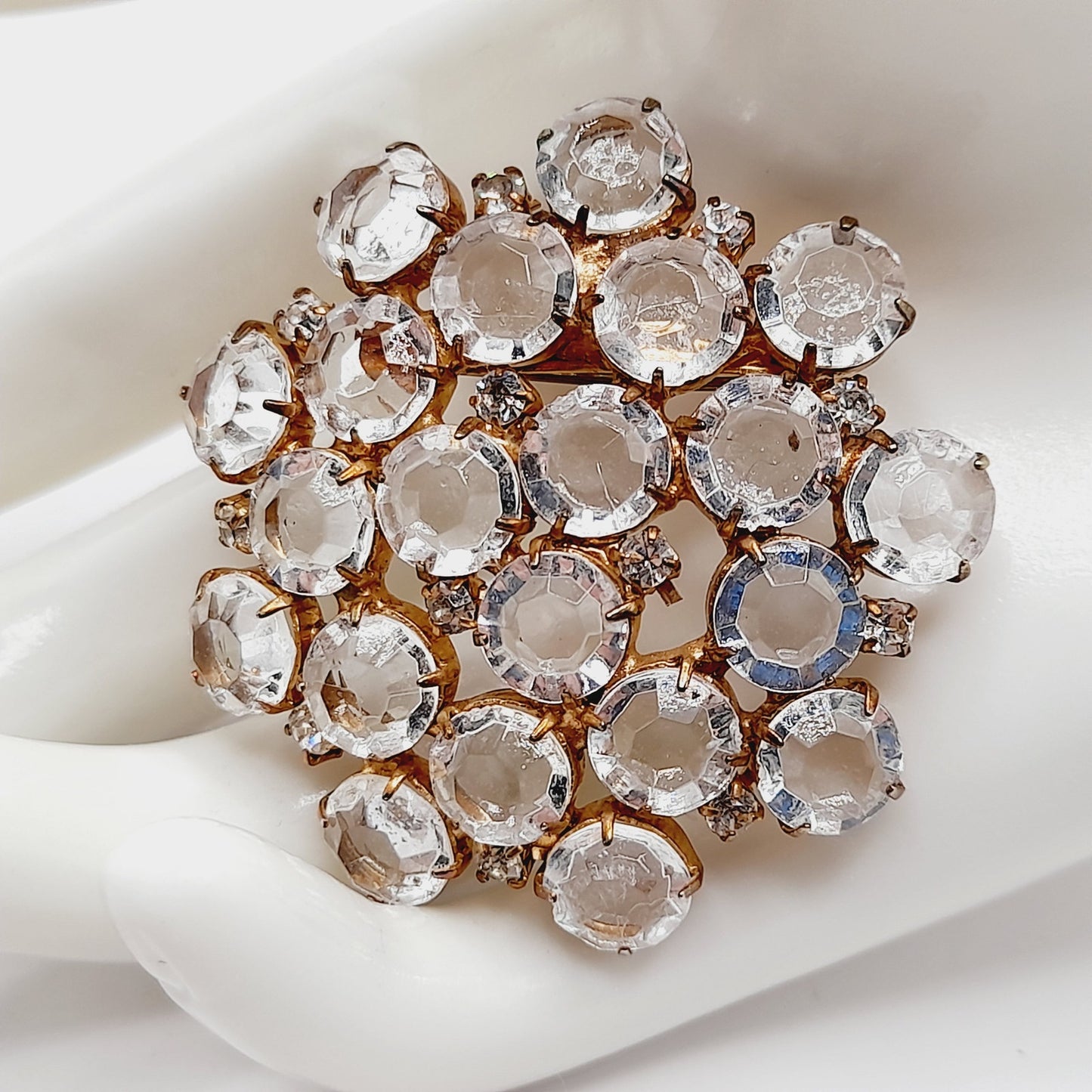 Vintage Clear Crystal Bezel Set Brooch Gold Tone Prong Setting Pin – 2”