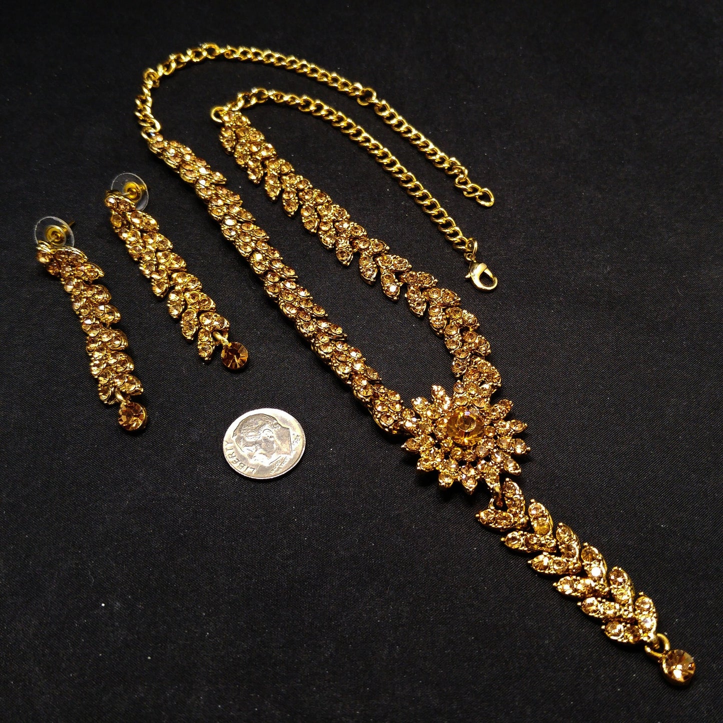 Light Topaz Rhinestone Necklace Post Earrings Set, Gold Plated, 1990s Vintage Jewelry