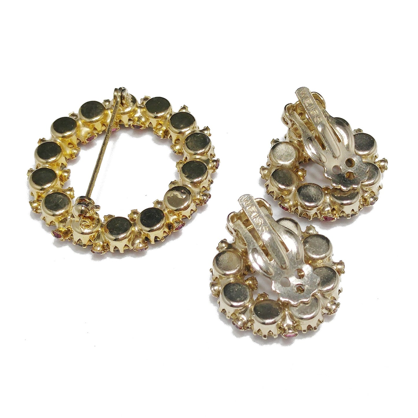 Vintage Weiss Wreath Rhinestone Brooch & Earrings, Fuchsia Pink and Lavender, Gold Plated, 1950s