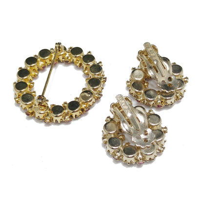 Vintage Weiss Wreath Rhinestone Brooch & Earrings, Fuchsia Pink and Lavender, Gold Plated, 1950s