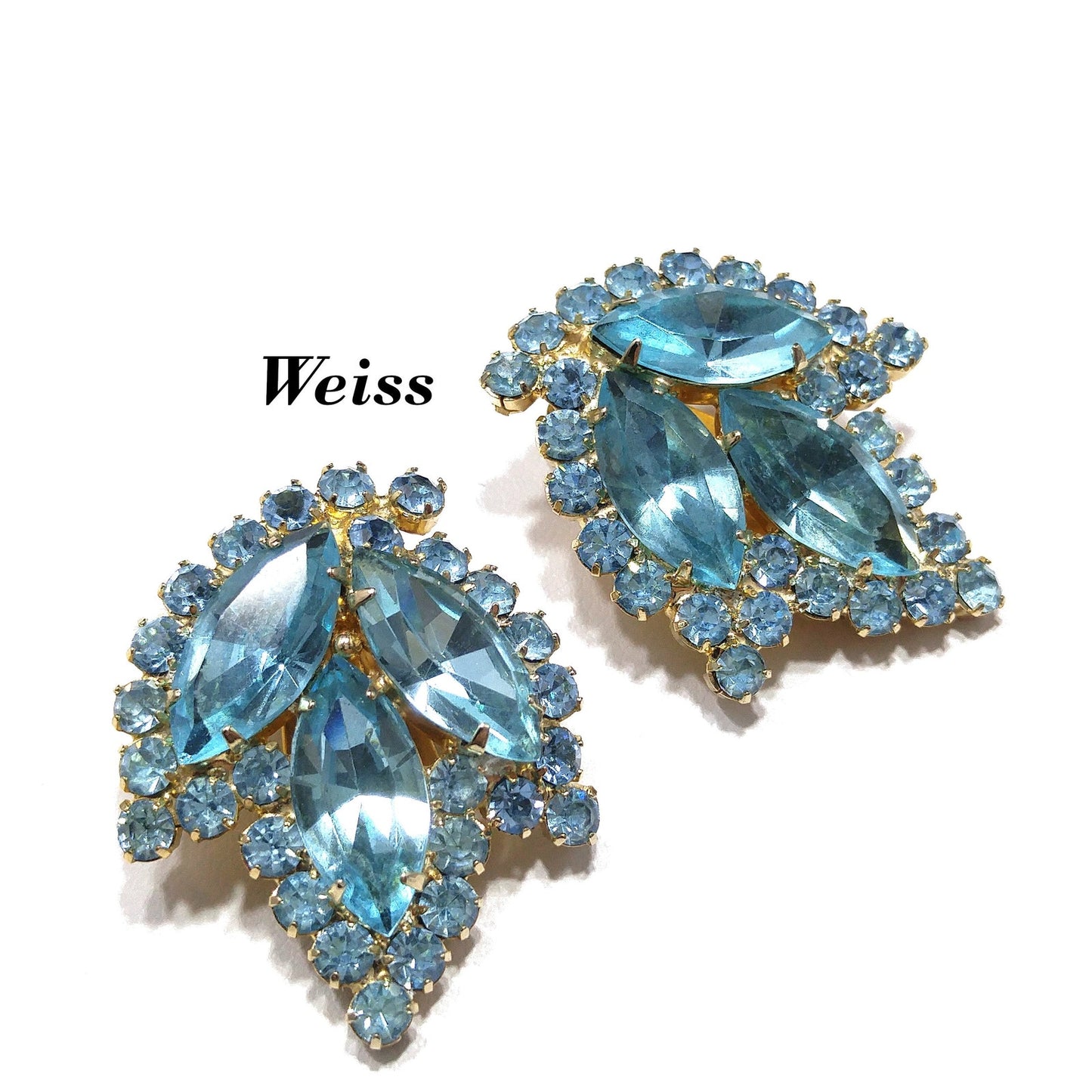 Weiss Light Blue Rhinestone Clip Earrings, Gold Plated, 1960s Vintage Jewelry
