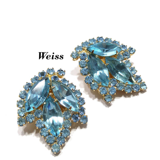 Weiss Light Blue Rhinestone Clip Earrings, Gold Plated, 1960s Vintage Jewelry
