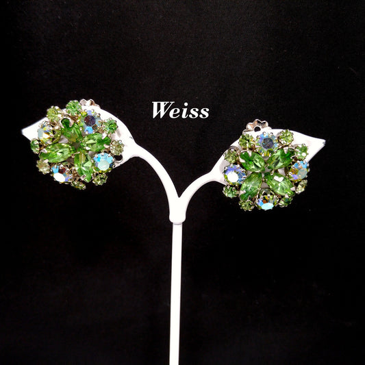 Weiss Peridot Green Rhinestone Clip Earrings, Rhodium Plated, 1960s Vintage Jewelry