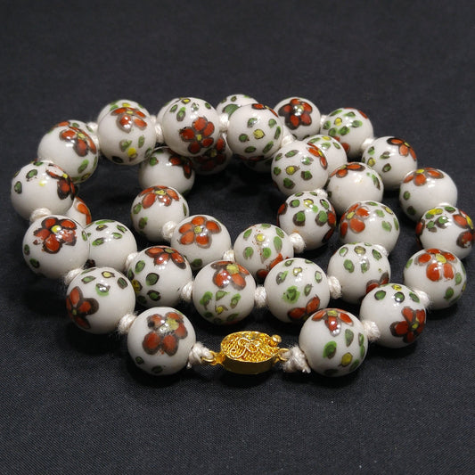 Vintage Ceramic Hand Painted Bead Necklace, Chinese Import, Hand-Knotted, 1960s