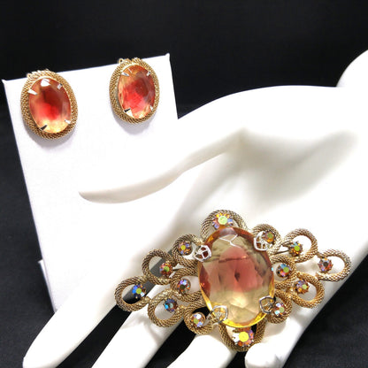 Vintage Gold Pink Large Glass Brooch Earrings Set, Gold Plated, 1960s Vintage Jewelry