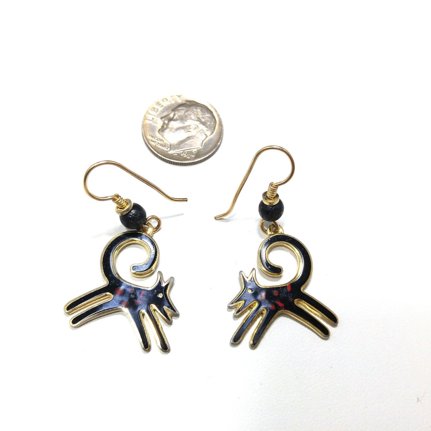 Vintage Laurel Burch Black Dog Earrings, Gold Plated, Cloisonne Enamel