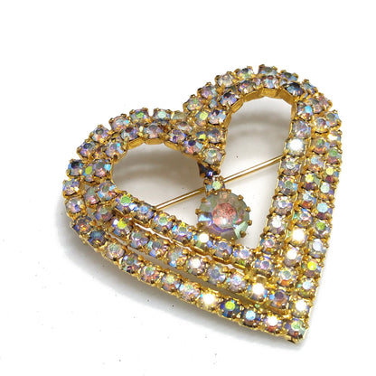 Aurora Borealis Heart Brooch, AB Rhinestone Dangle, 1960s Vintage Jewelry