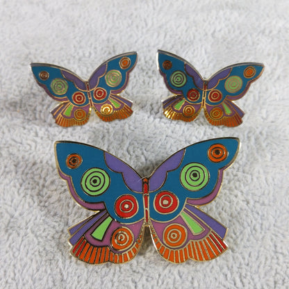 Laurel Burch "Summer Butterfly" Brooch & Earrings, Gold Plated Cloisonne' Enamel, 1980s Vintage Jewelry