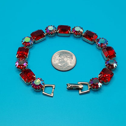 Weiss Red and Aurora Borealis Rhinestone Bracelet – 1960s Gold Tone Vintage Jewelry