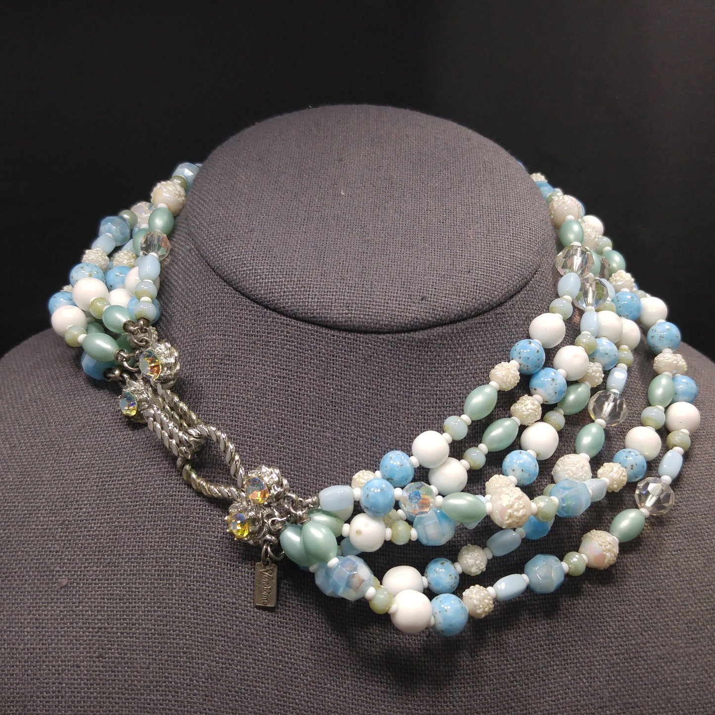 Vintage Vendome Six-Strand Blue White Glass Bead Necklace AB Crystals 1960s