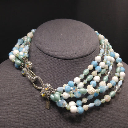 Vintage Vendome Six-Strand Blue White Glass Bead Necklace AB Crystals 1960s