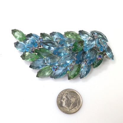 Turquoise & Green Rhinestone Brooch, Rhodium Plated, 1960s Vintage Jewelry