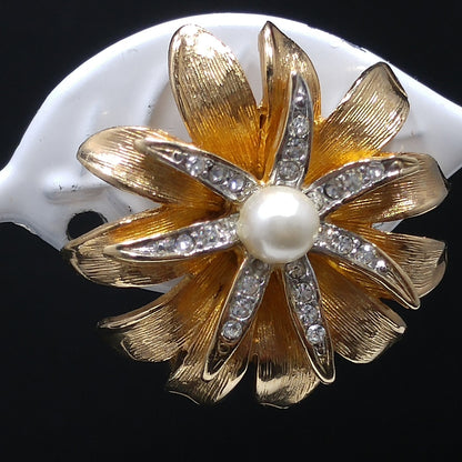 Kramer Floral Rhinestone Brooch & Earrings, Gold Plated, Faux Pearls, 1960s Vintage Jewelry