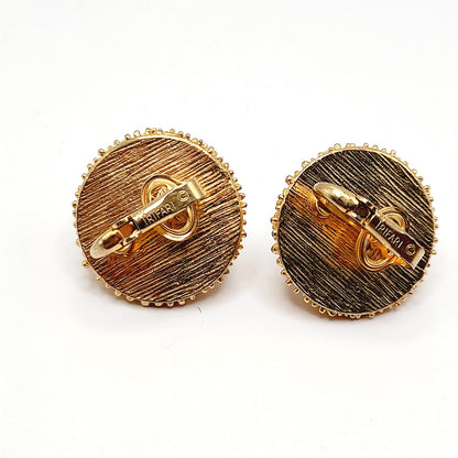 Vintage Crown Trifari Gold Clip Earrings, Brutalist Beaded Design w/ Faux Pearl