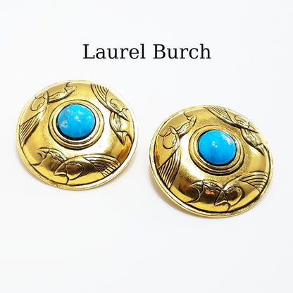 Laurel Burch Turquoise & Gold Bird Earrings, Gemstone, Gold Plated, 1980s