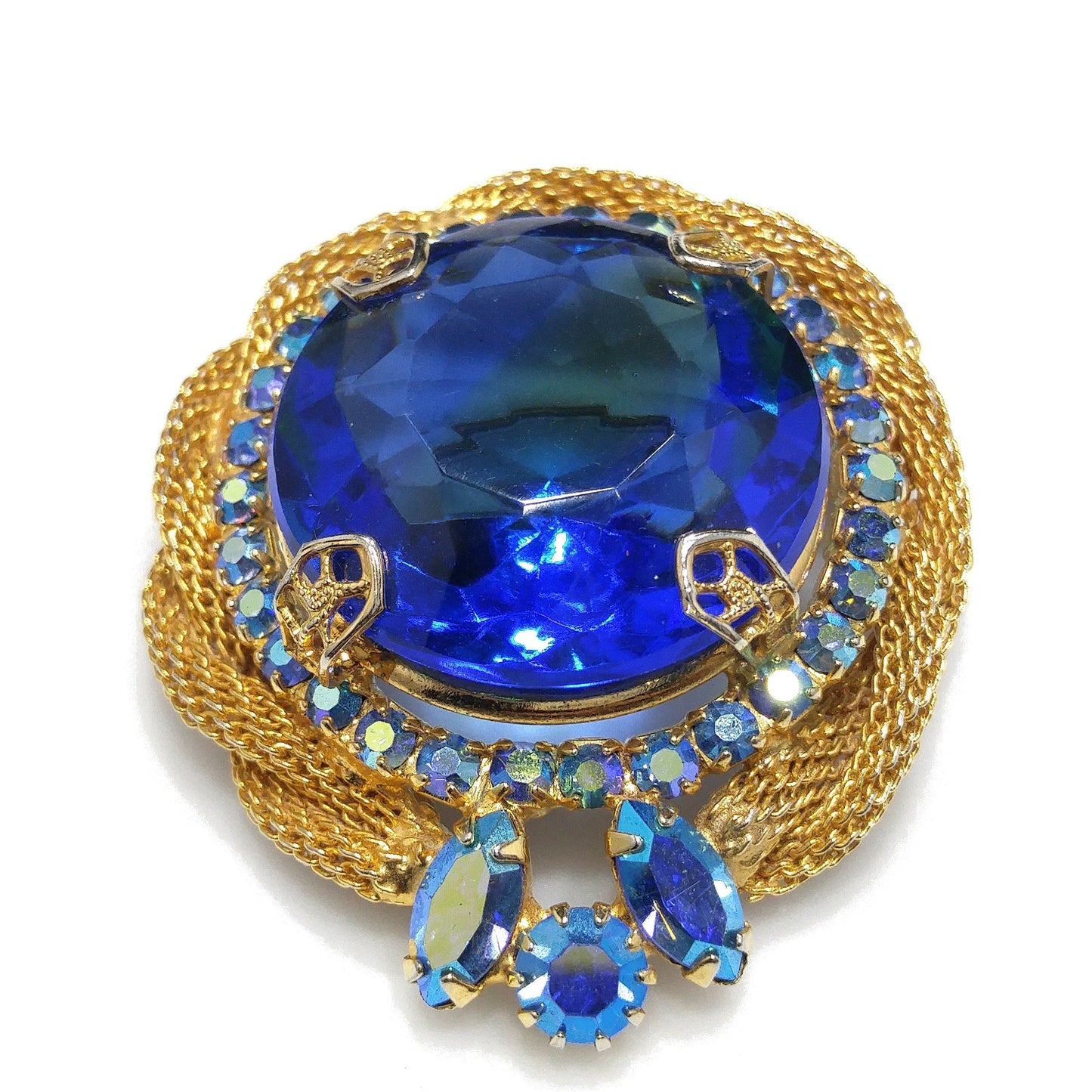 Large Blue Glass & AB Rhinestones Brooch, Gold Plated Mesh Frame, 1960s Vintage Jewelry