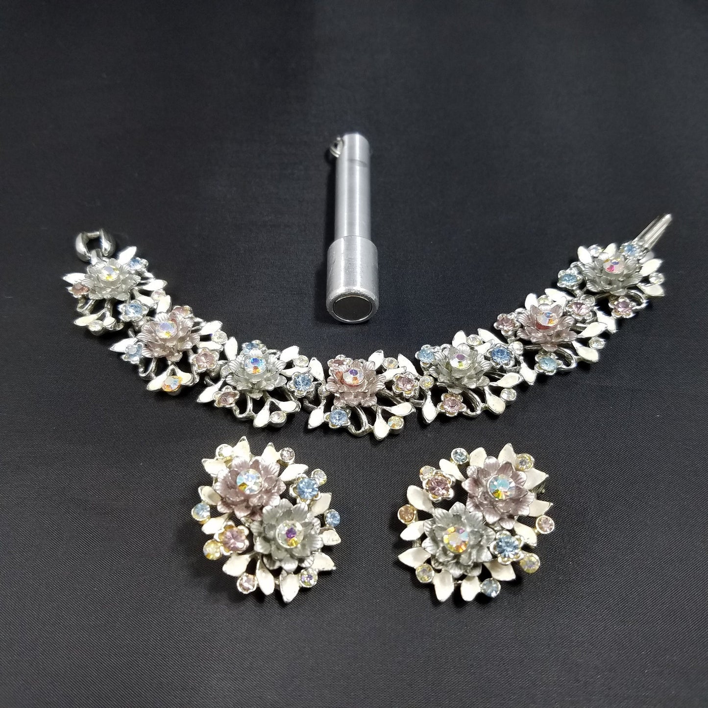 Vintage BSK White Enamel Floral Bracelet Earrings Set Pink Blue AB Rhinestones