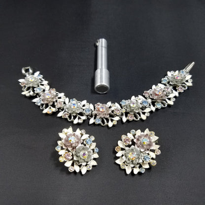 Vintage BSK White Enamel Floral Bracelet Earrings Set Pink Blue AB Rhinestones
