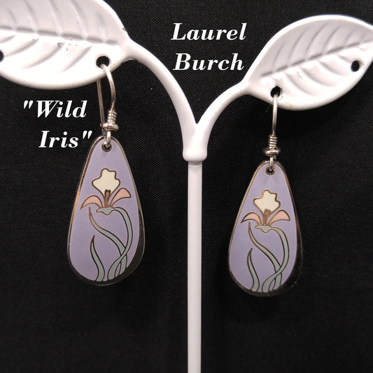 Laurel Burch "Wild Iris" Cloisonne Earrings, Lavender Enamel, White & Pink Flower, Rhodium Plate, 1980s Vintage Jewelry