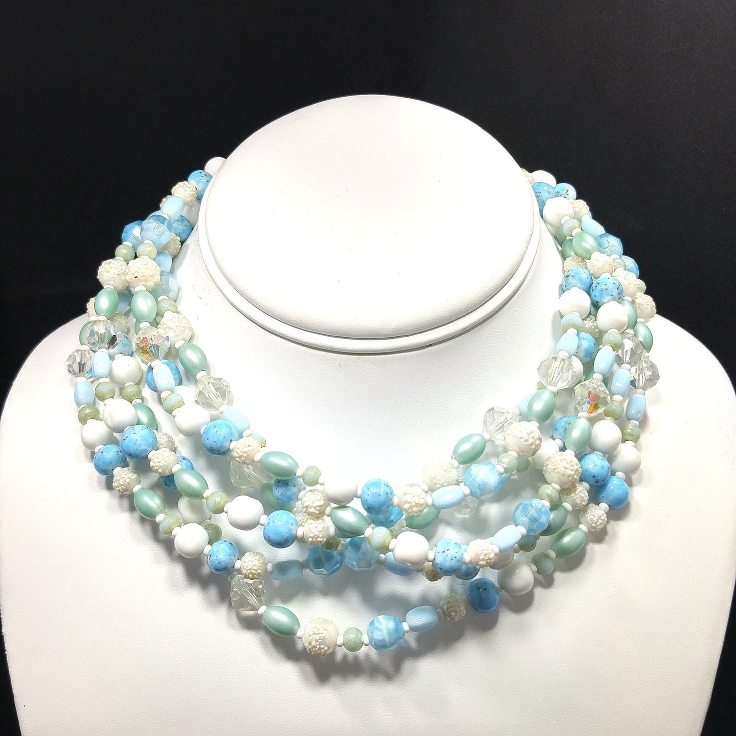 Vendome Blue White Glass Beaded Necklace, 6 Strands, Crystal Beads, 1960s Vintage Jewelry