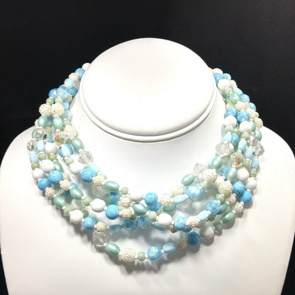 Vendome Blue White Glass Beaded Necklace, 6 Strands, Crystal Beads, 1960s Vintage Jewelry