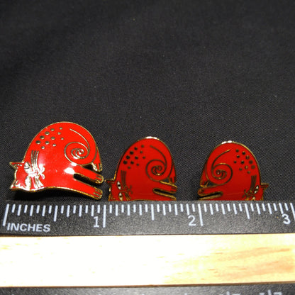 Laurel Burch "Keshire Cat" Red Enamel Brooch & Post Earrings, Gold Plated Cloisonne