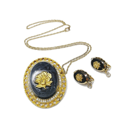 Celebrity Gold Rose Black Glass Brooch & Pendant, Matching Clip Earrings, 1970s Vintage Jewelry