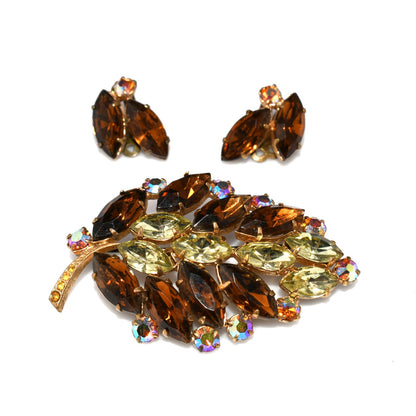 Mid-Century Topaz Jonquil Rhinestone Leaf Brooch Earrings Set, 1960s Vintage Jewelry
