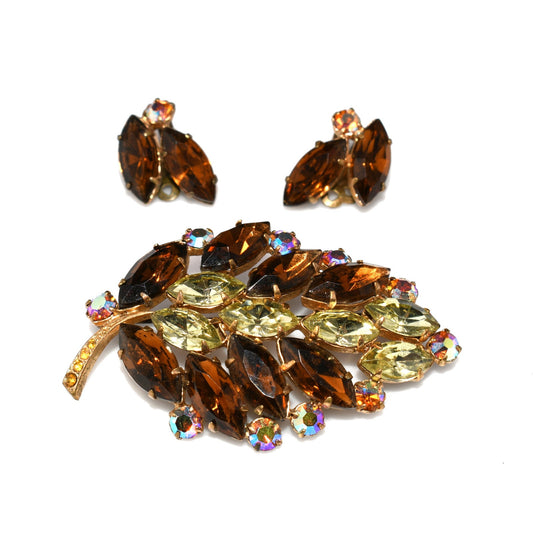 Mid-Century Topaz Jonquil Rhinestone Leaf Brooch Earrings Set, 1960s Vintage Jewelry
