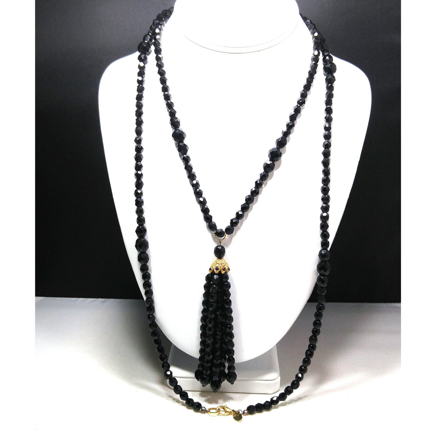 Robert Rose Black Crystal Beaded Tassel Necklace, 50 Inch, 1990s Vintage