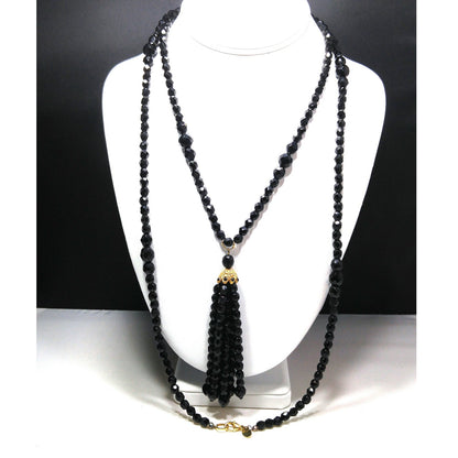 Robert Rose Black Crystal Beaded Tassel Necklace, 50 Inch, 1990s Vintage