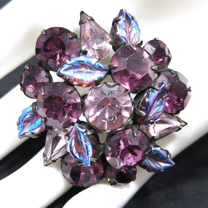 Regency Purple Lavender Floral Brooch, Art Glass Iridescent Leaves, 1950s Vintage Jewelry