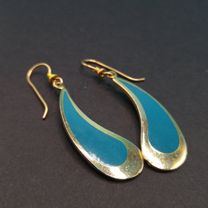 Vintage Laurel Burch Turquoise Drop Earrings, Curved Teardrop, Gold Plated