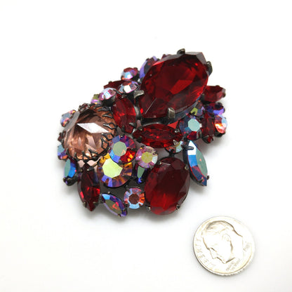 Regency Jewels Red Brooch, Aurora Borealis, 1950s Vintage Jewelry