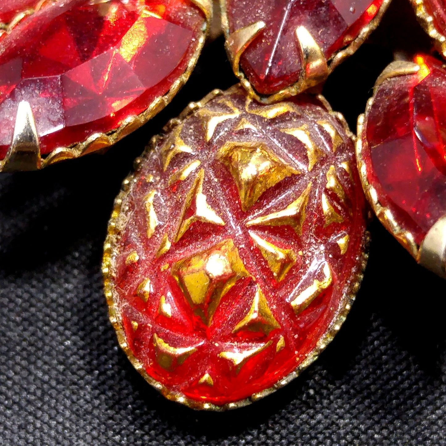Judy Lee Red Rhinestone Brooch, Red Gold Molded Glass Petals, 1960s Vintage Jewelry